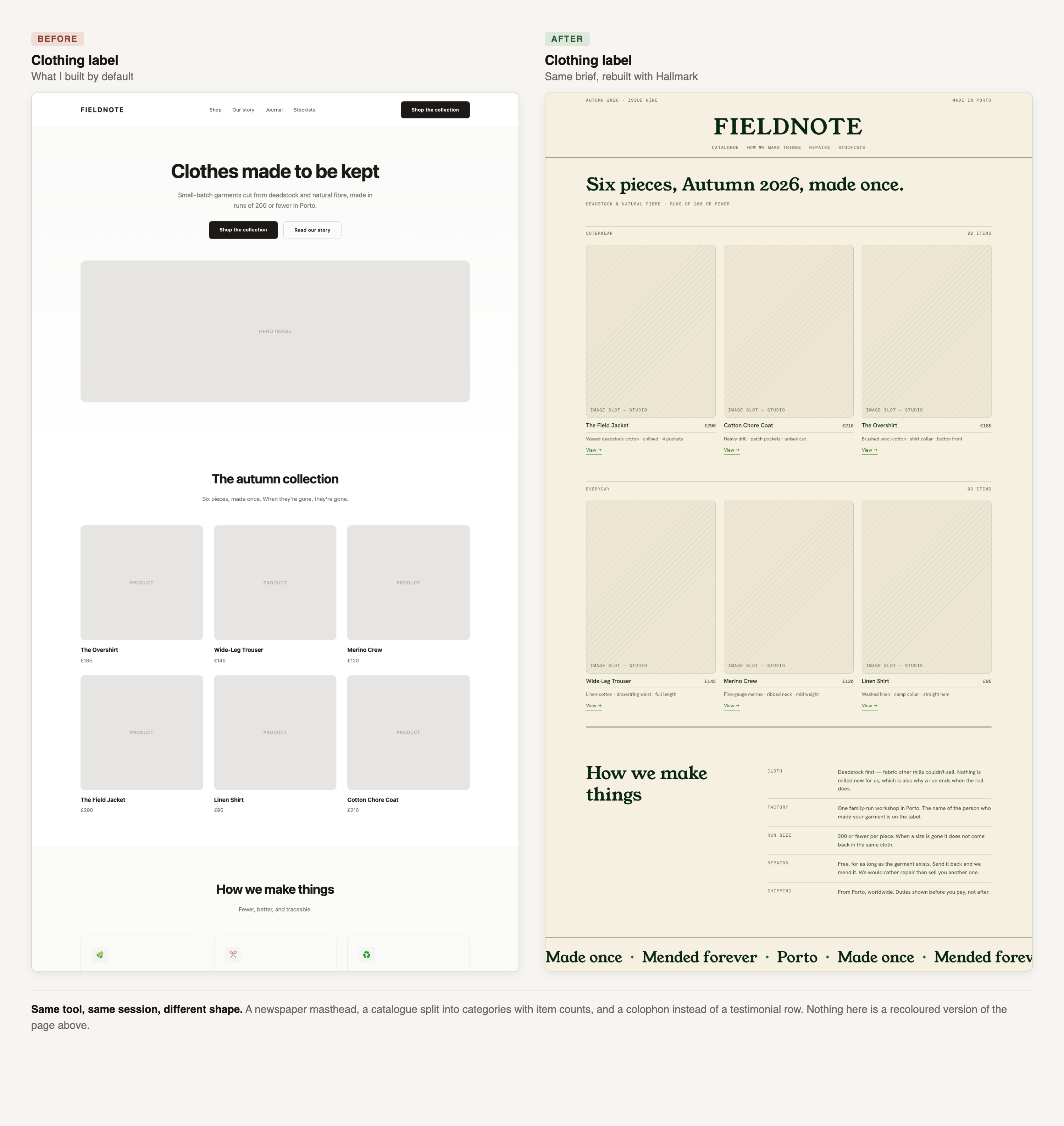 Before and after comparison of the clothing label page — the rebuild uses a newspaper masthead and a categorised catalogue grid with a colophon
