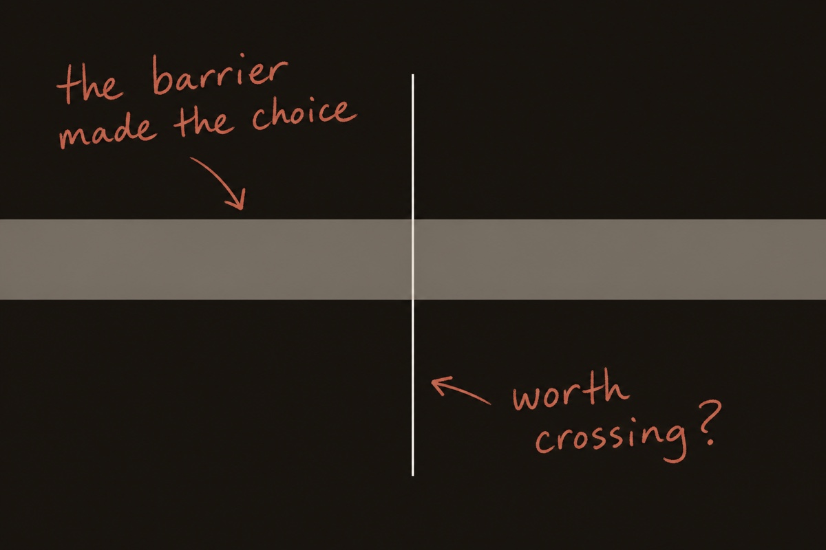 A single line crossing a solid horizontal band, annotated: the barrier made the choice, worth crossing?