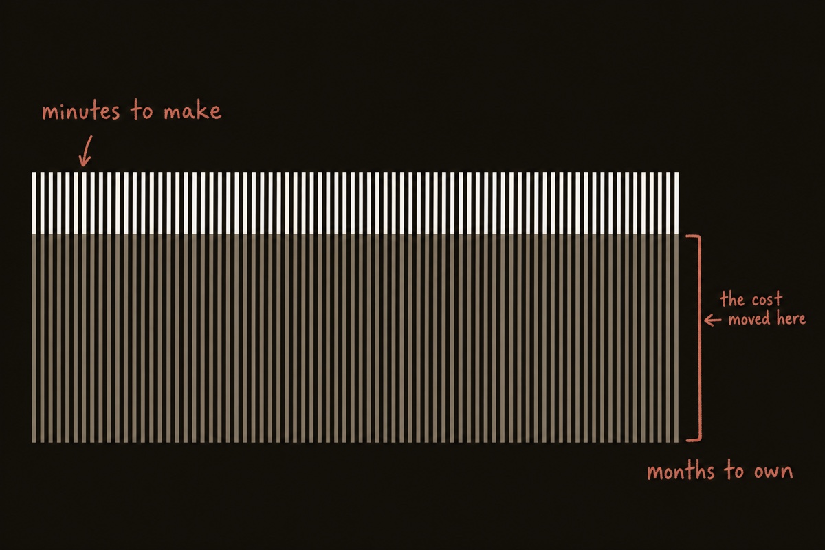 Short bright lines above long faded tails, annotated: minutes to make, months to own, the cost moved here